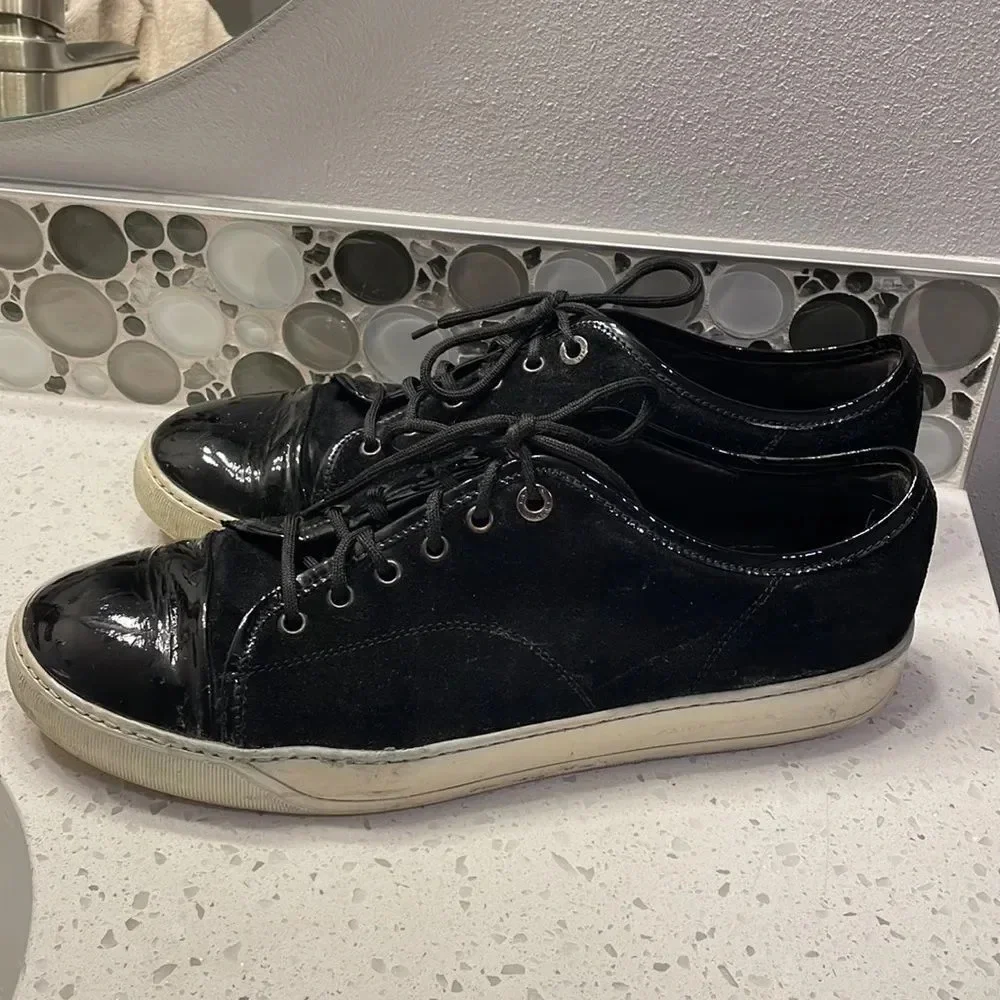Lanvin mens suede and black pantent leather tennis shoes